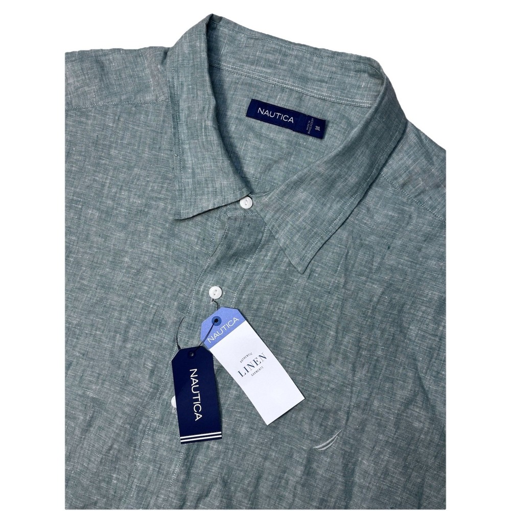 Nautica Men's Linen Button Up Shirt 3XL Green Short Sleeve Lightweight NWT